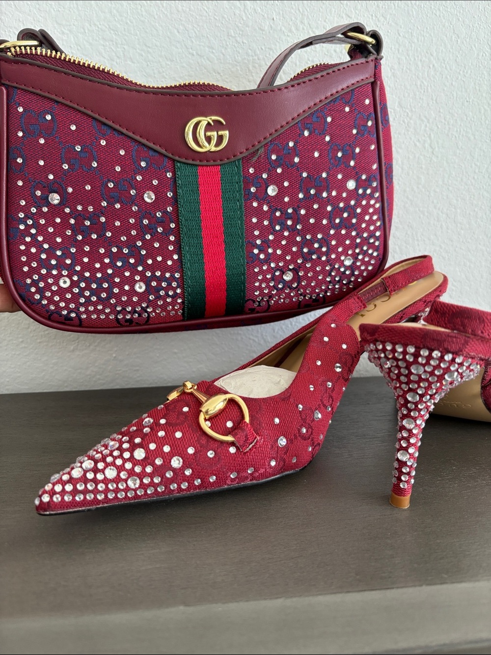 Red Crystal-Embellished Slingback Heels & Purse To Matxh.